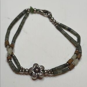 Green and Brown Beaded Bracelet with Floral Accent 6.5” bracelet